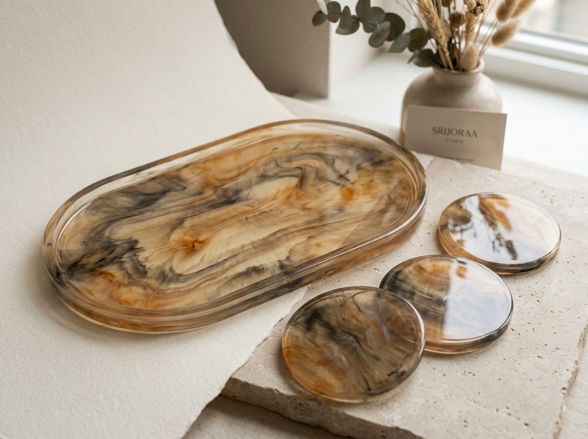 Srijoraa Studio hand-cast fluid resin art trays and coasters